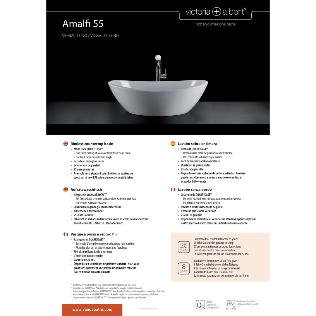 V+A Amalfi Freestanding Bath No Overflow Quarrycast White 1632mm