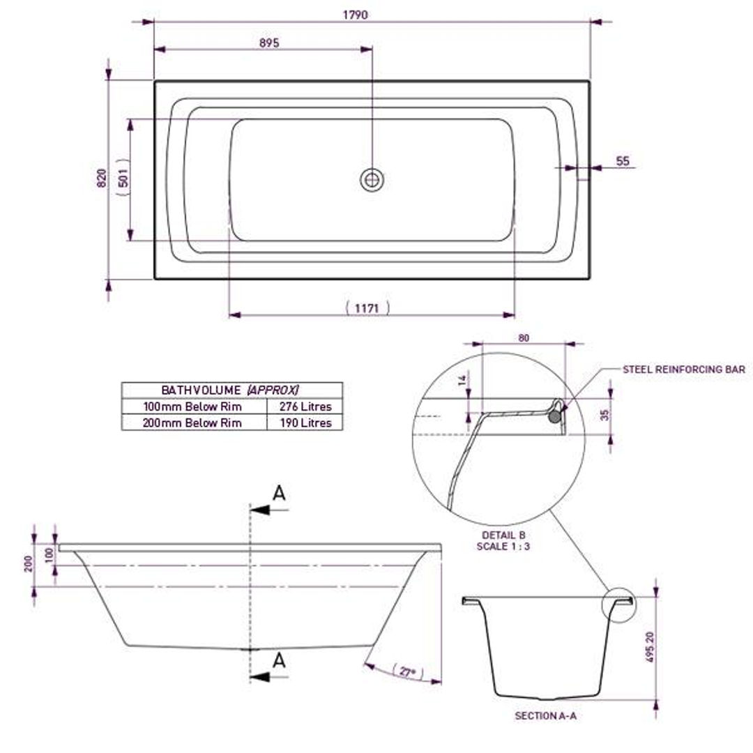 Decina San Diego Inset Bath 1790mm