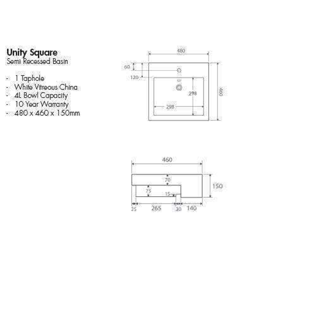 Aspire Unity Square Semi Recessed Basin White 1 Tap Hole 480 X 460