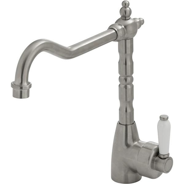 Fienza Eleanor Shepherds Crook Kitchen Sink Mixer Brushed Nickel White Ceramic Handle