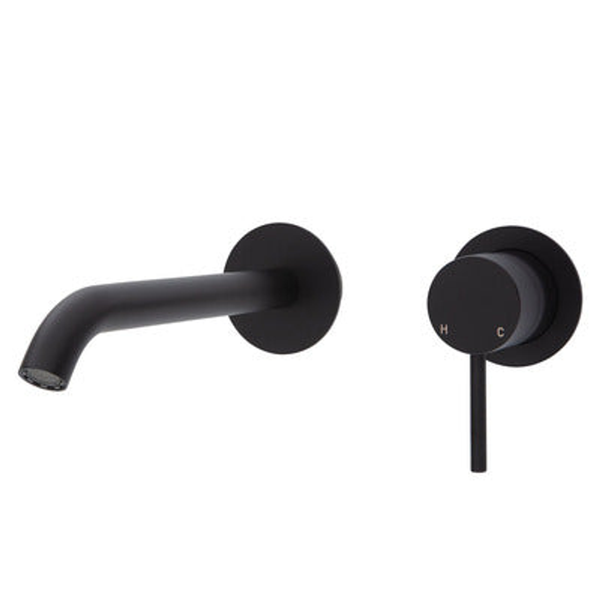 Fienza Kaya Basin/Bath Wall Mixer 200mm Outlet Set Matte Black Round Matte Black Plates