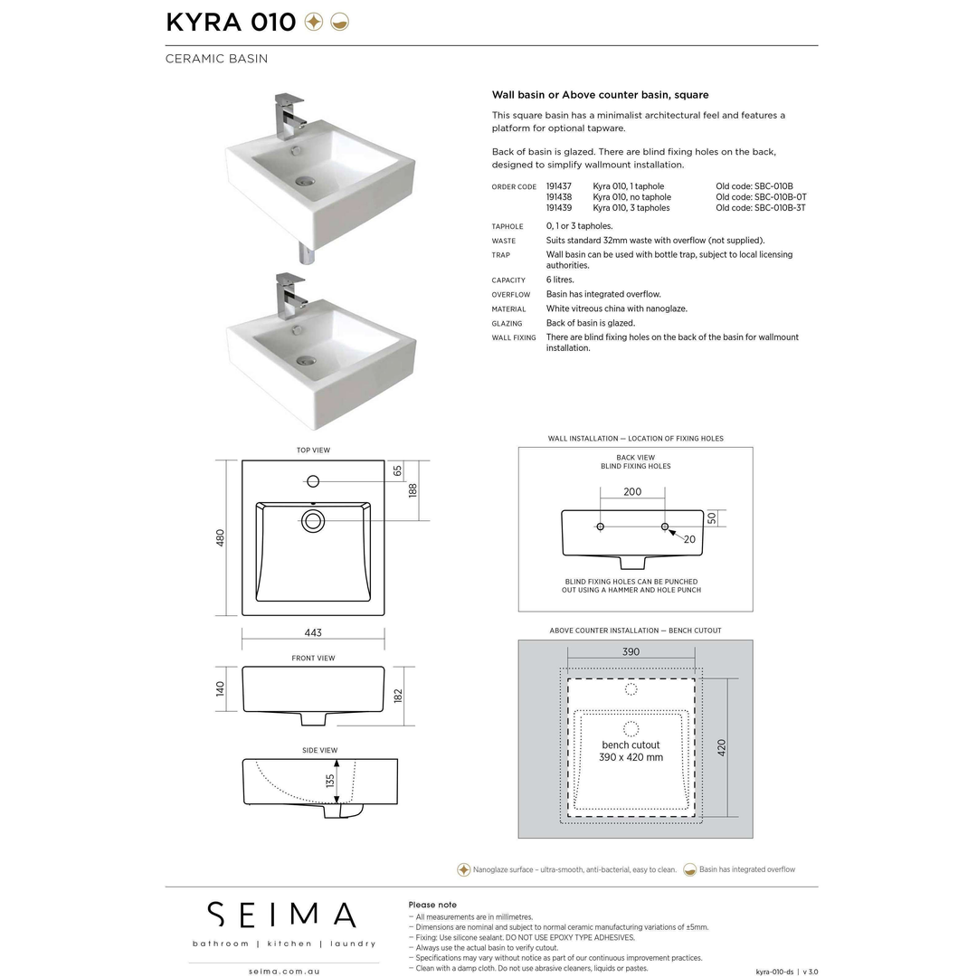 Kyra Above Counter/Wall Basin 440 X 480 X 135 White Sbc-010B