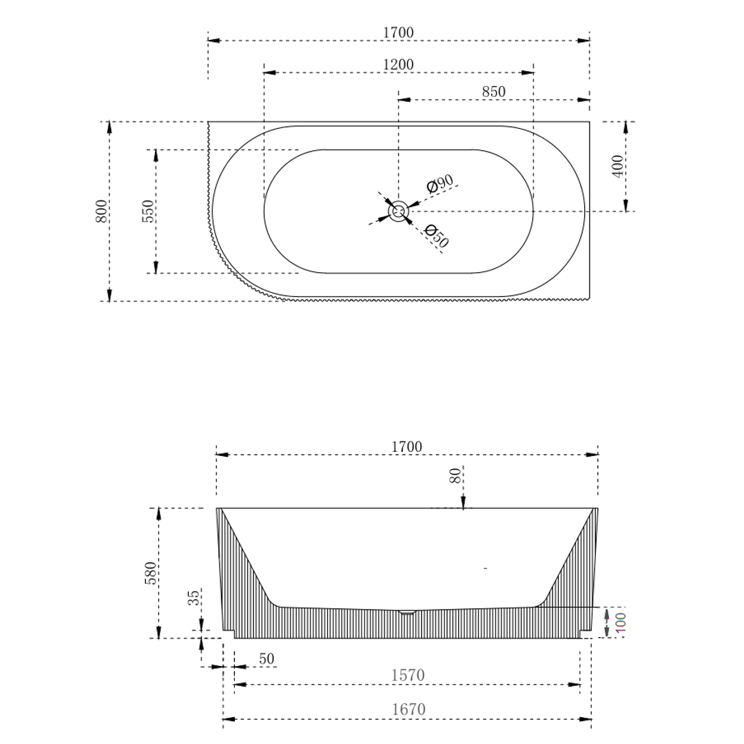 Cassa Design VGroove Corner Back To Wall Bath Right Hand Corner Matte White 1700mm