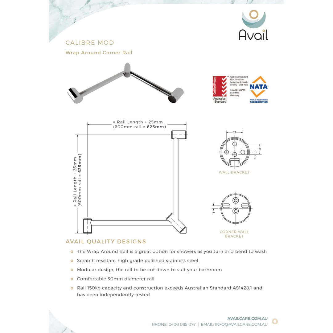 Availcare Calibre Mod Wrap Around Corner Rail 600X600 Chrome