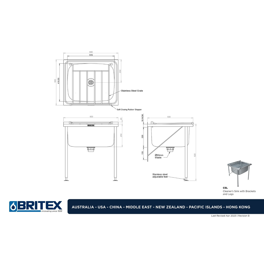 Britex S/S Cleaners Sink 600X500X250Mm Deep. 46L, Incl. Brkts, Legs, Grate, 50Mm Waste Outlet #Csl