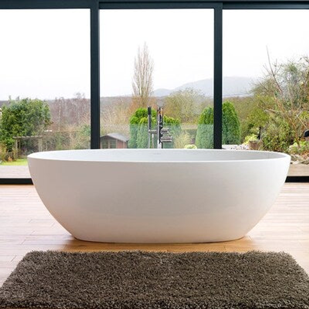 V+A Barcelona 3 Matte Stone Freestanding Bath With Void No Overflow Quarrycast White Matte 1800mm