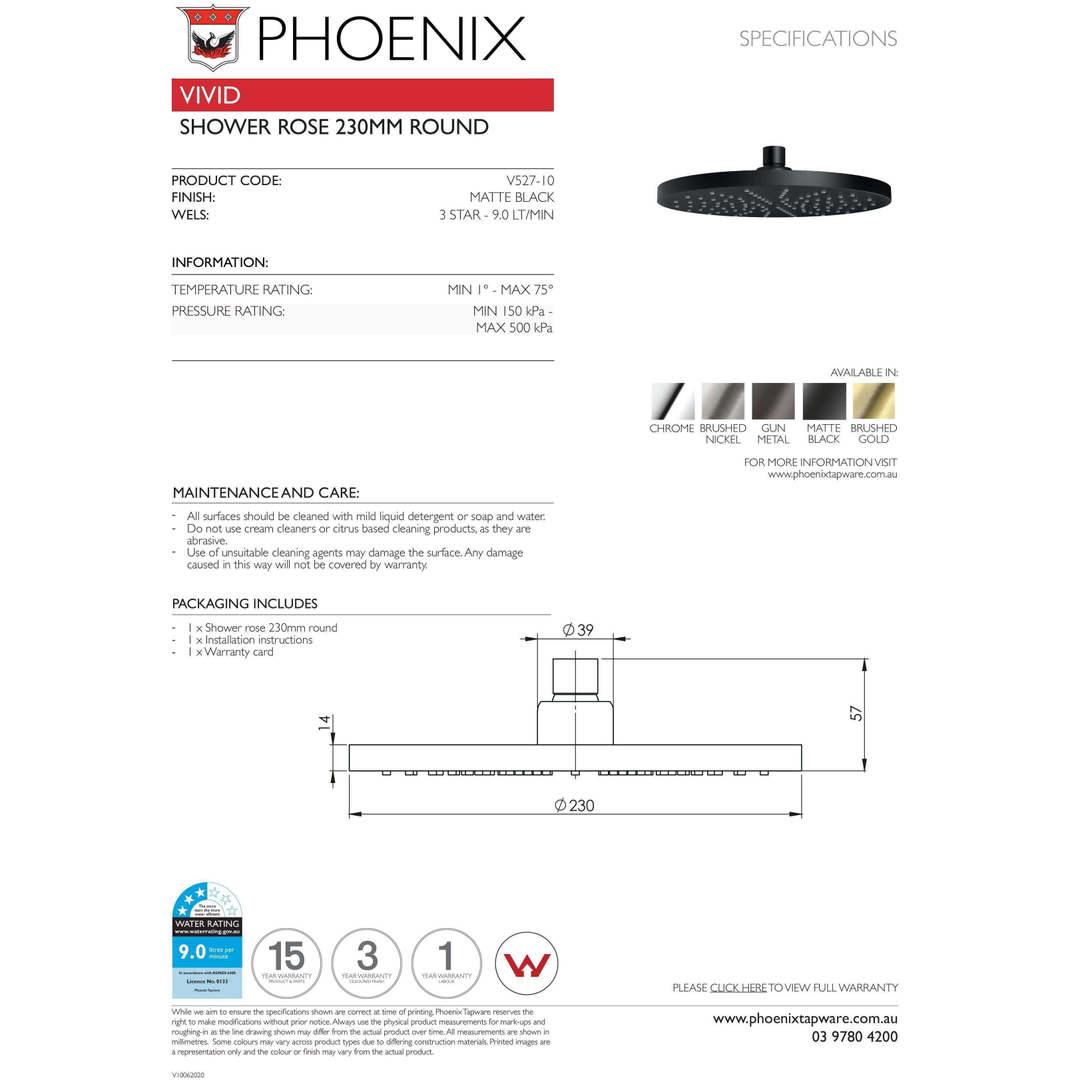 Phoenix Vivid Shower Rose Only 230mm Rnd Matt Black