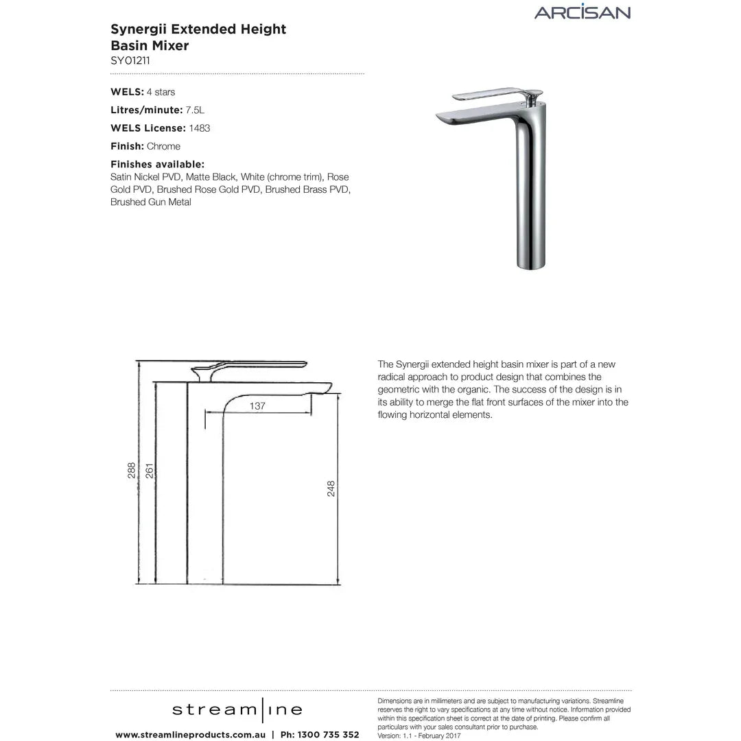 Arcisan Synergii Extended Height Basin Mixer Chrome Sy01211 - Burdens Plumbing