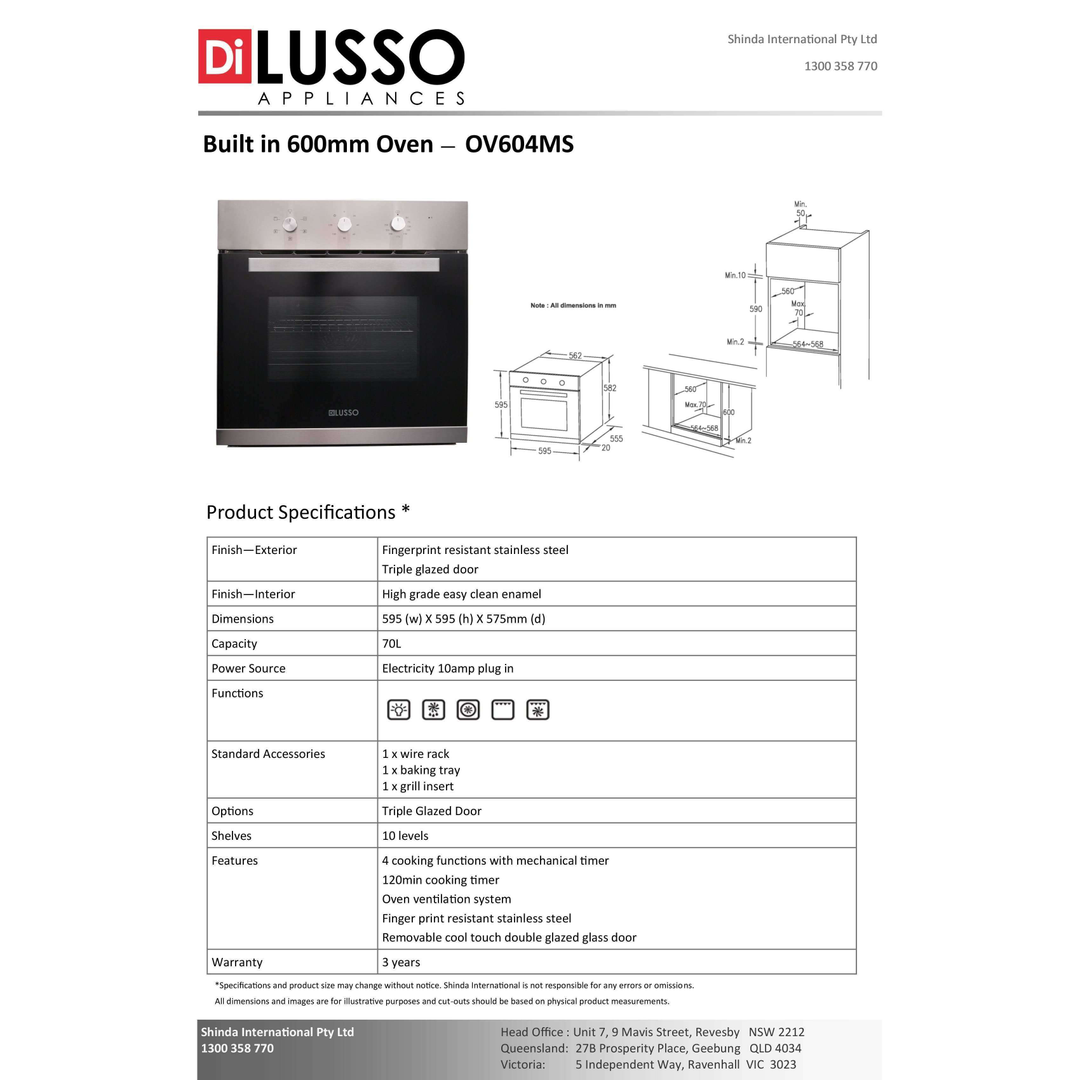 Di Lusso 60Cm Ov604Ms 4 Function Electric Oven Stainless Steel