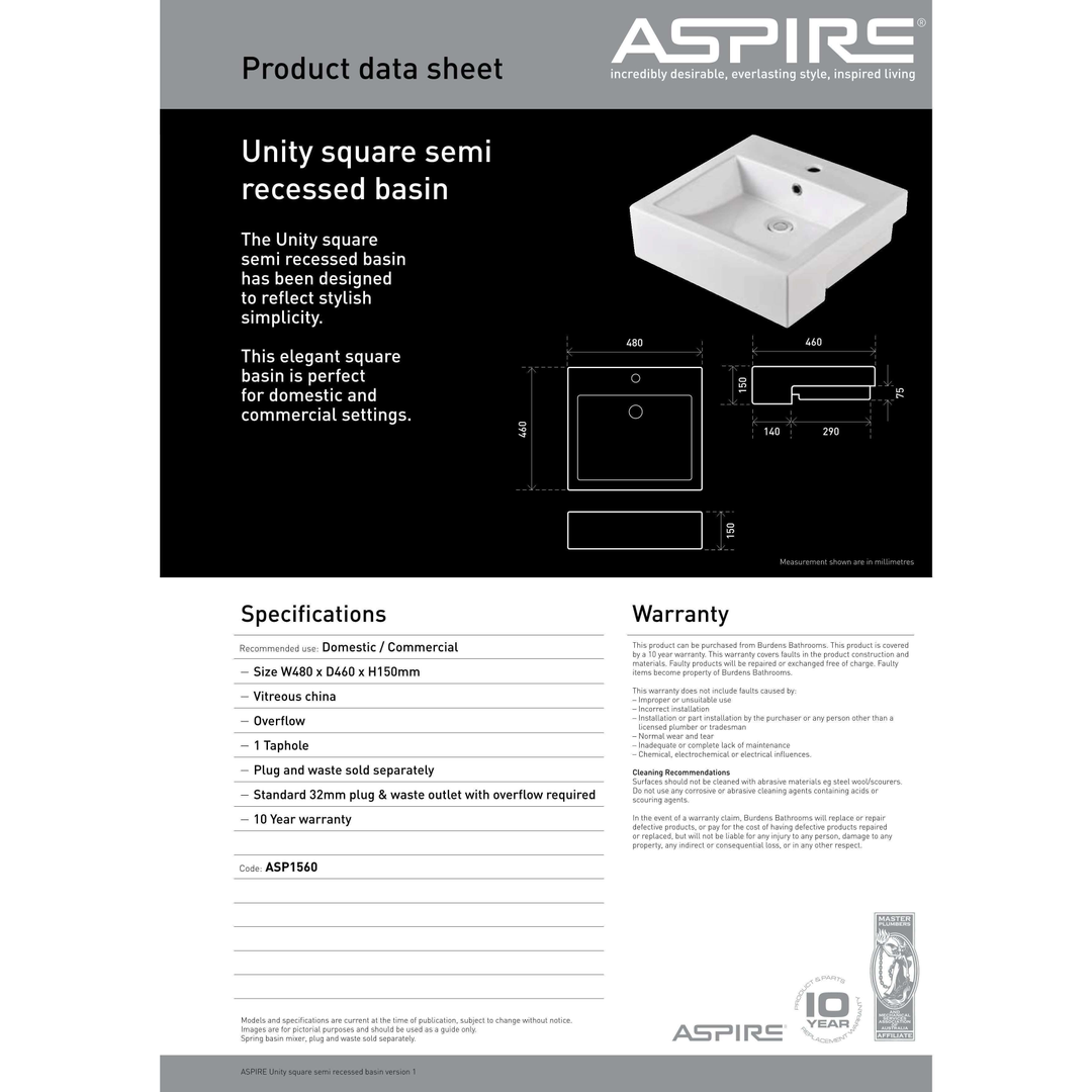 Aspire Unity Square Semi Recessed Basin White 1 Tap Hole 480 X 460