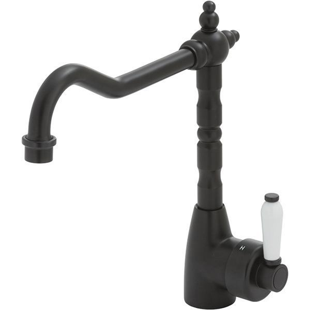 Fienza Eleanor Shepherds Crook Kitchen Sink Mixer - Matte Black/Ceramic