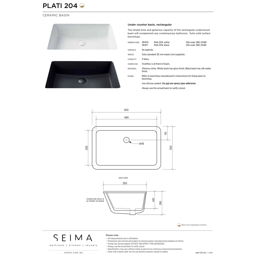 Seima Plati Undermount Basin 550 X 350 Black With Overflow Sbc-204K