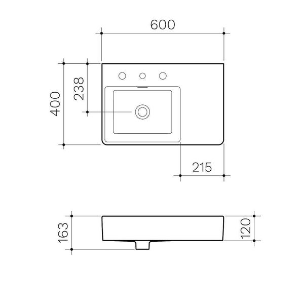 Clark Square Wall Basin Right Hand Shelf 600mm One Taphole