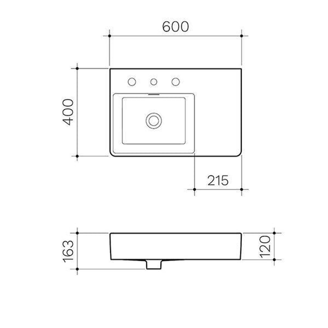 Clark Square Wall Basin Right Hand Shelf 600mm No Tapholes