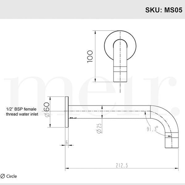 Meir Matte Black Round Curved Wall Spout 200mm