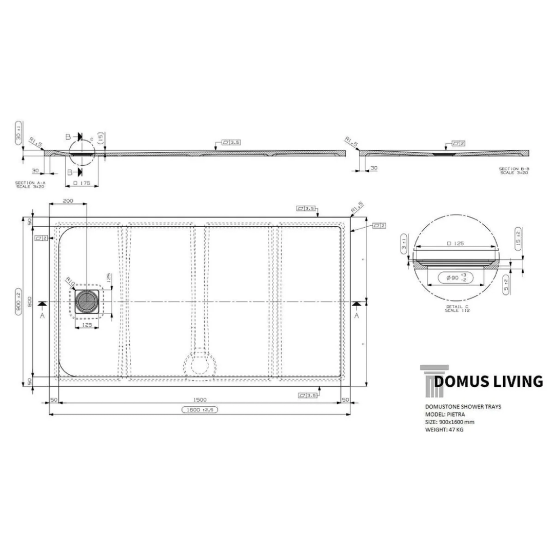 Domus Living Pietra Shower Tray 900mm X 1600mm