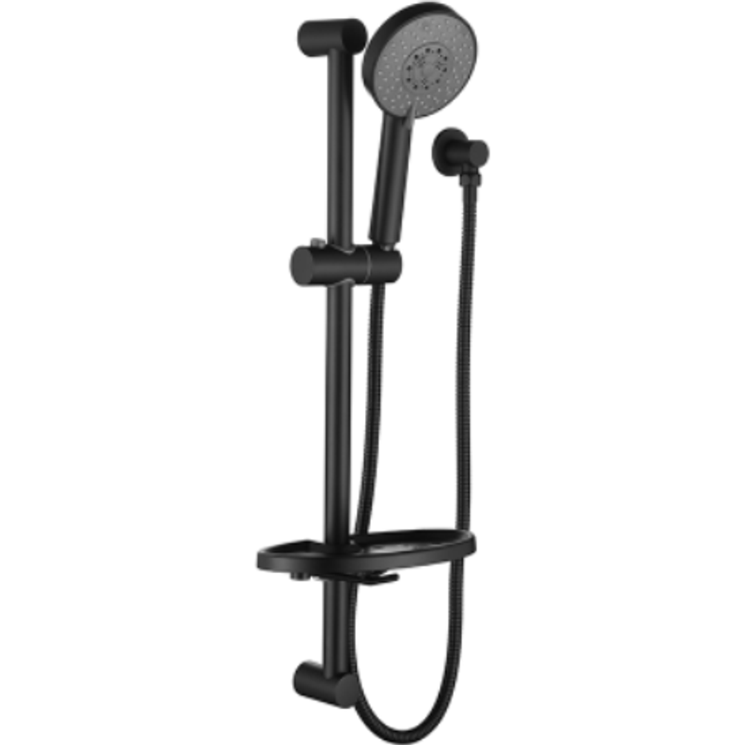 Bella Vista Shower Head On Rail Round Black W/ Soap Dish