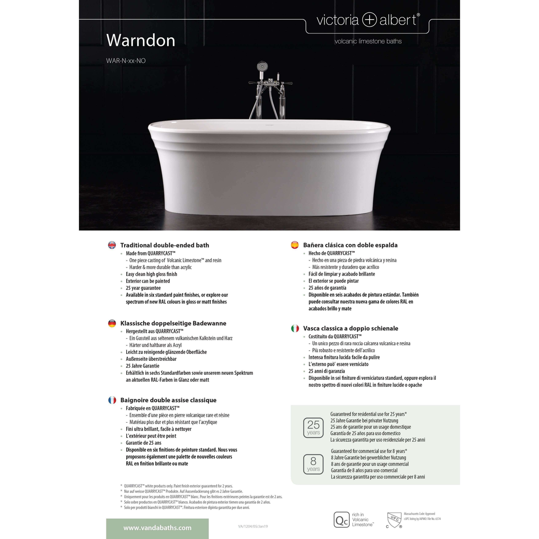 V+A Warndon Freestanding Bath No Overflow Quarrycast White 1702mm