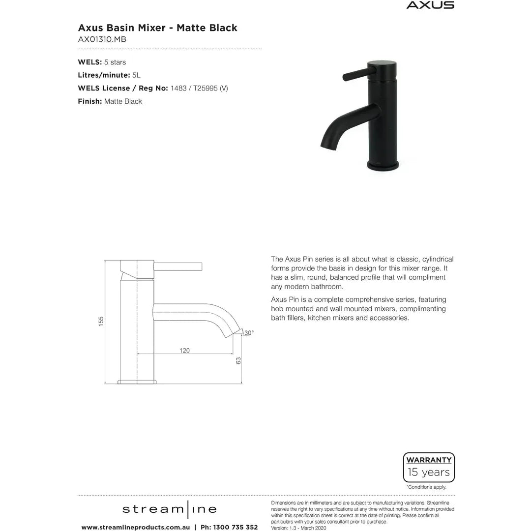 Arcisan Axus Pin Lever Basin Mixer Matt Black - Burdens Plumbing