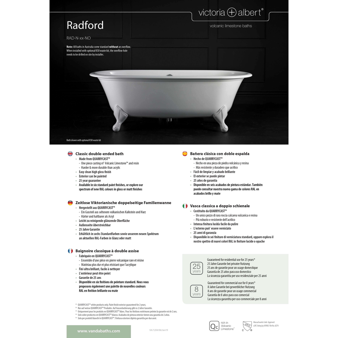 V+A Radford Freestanding Bath Quarrycast White Feet 1902mm