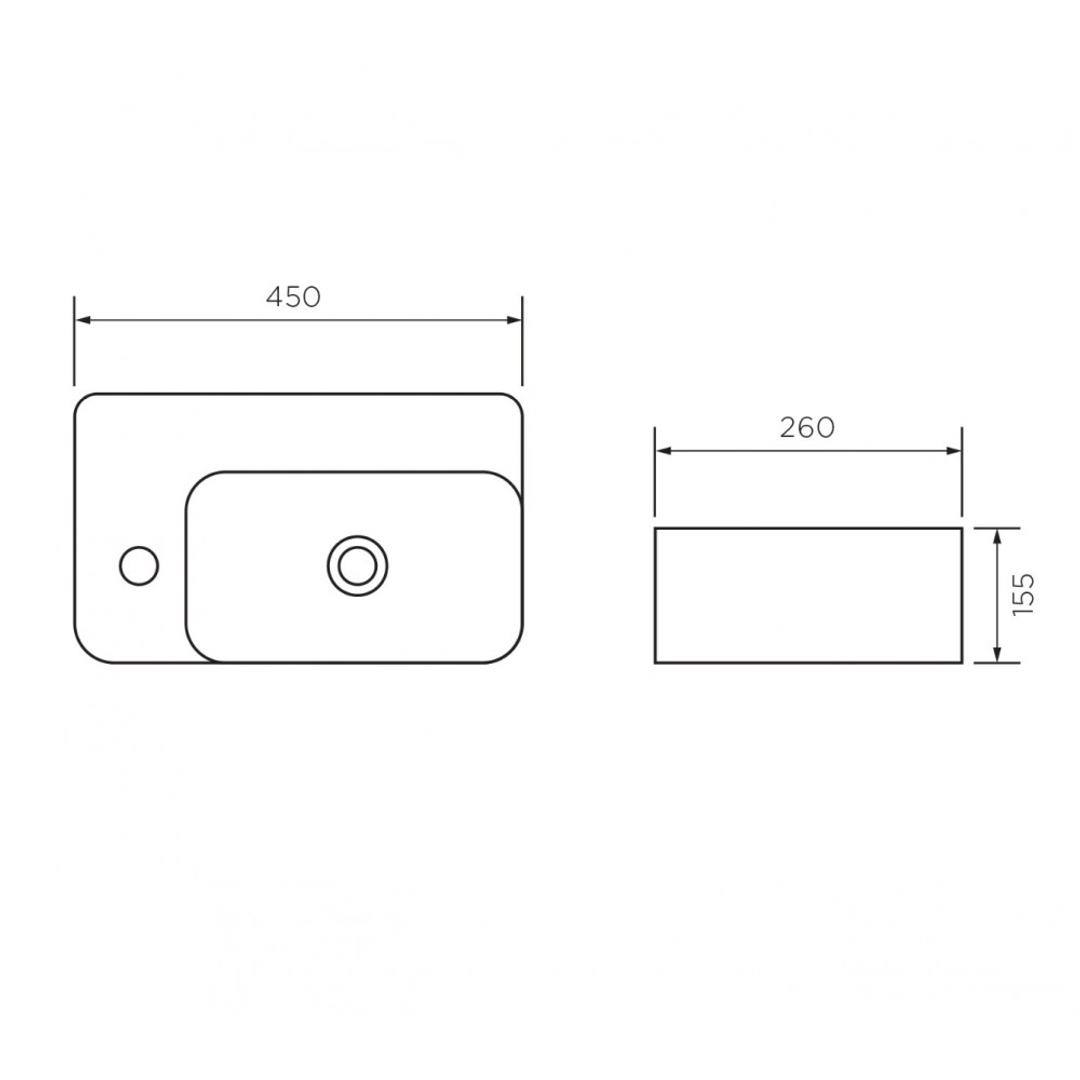 Streamline Eneo 45X26 Wall Hung Basin W.Overflow Side Shelf Right Bowl_1 Tap Hole