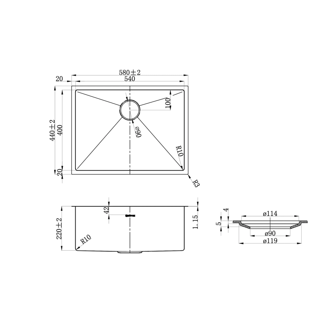 OTTI AXON SINK 58S 580X440X220 GUN METAL