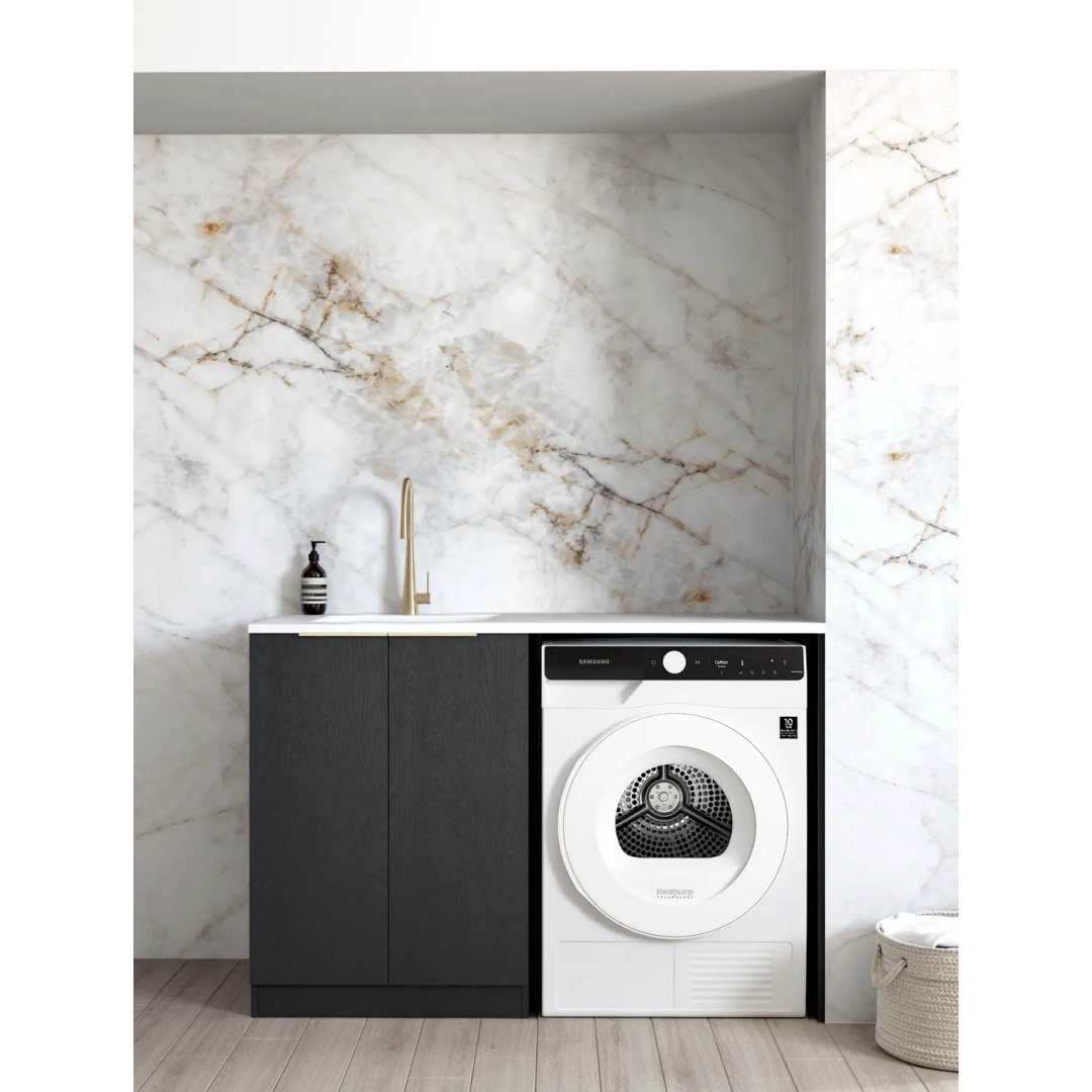 Otti Black Oak Base Laundry Cabinet With 1300Mm Natural Carrara Marble Top