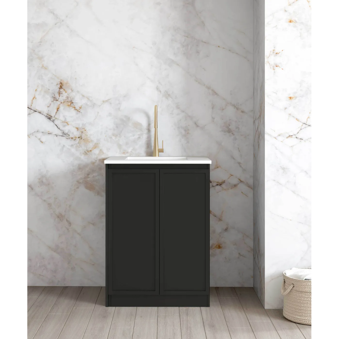 Otti Mini Laundry 650Mm Hampshire Black With Natural Carrara Marble Top