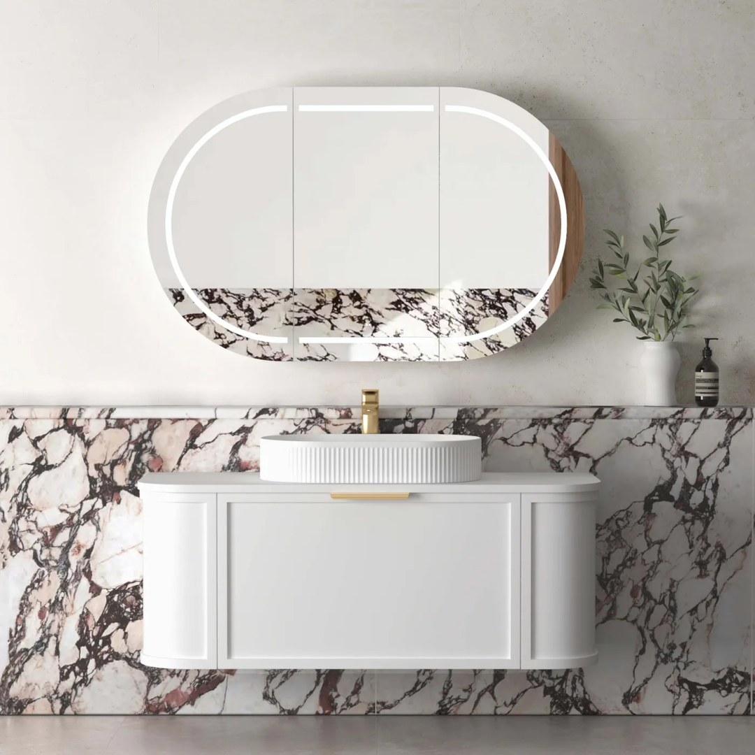 Otti Hampshire Satin White Vanity 1200X460X450 W/Hung Cabinet With Natural Carrara Marble