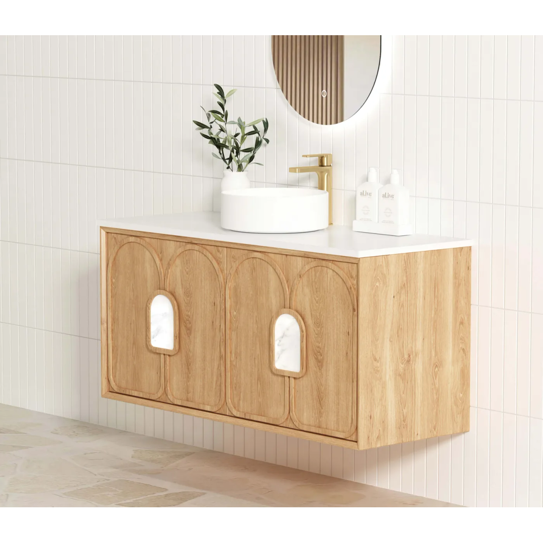 Otti Laguna Mk Ii 1200 Woodland Oak Wall Hung Vanity With Carrara Marble Top