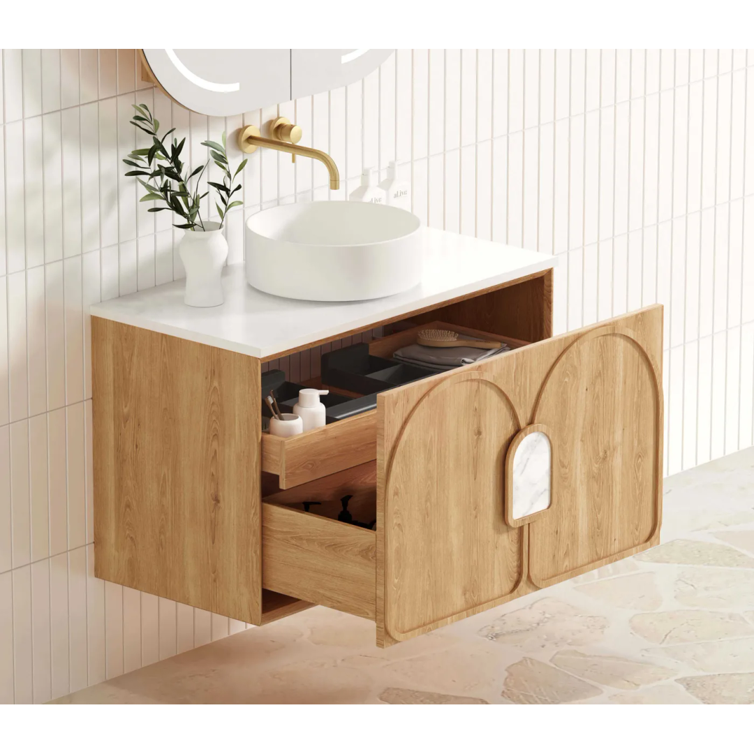 Otti Laguna Mk Ii 900 Natural Woodland Oak Wall Hung Vanity With Ceramic Top