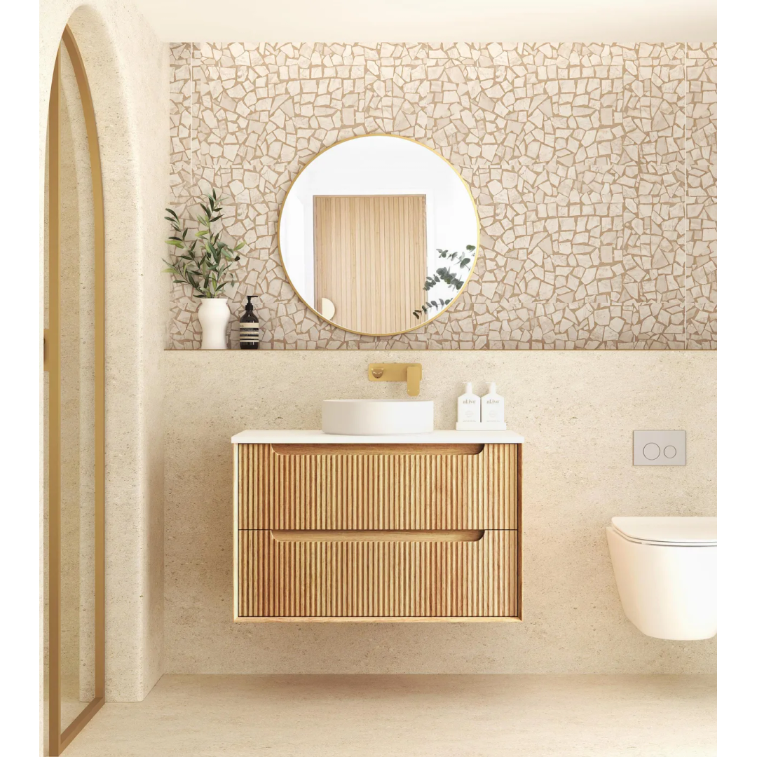 Otti Byron Fluted 900Mm Woodland Oak Wall Hung Vanity With Woodland Carrara Marble Top