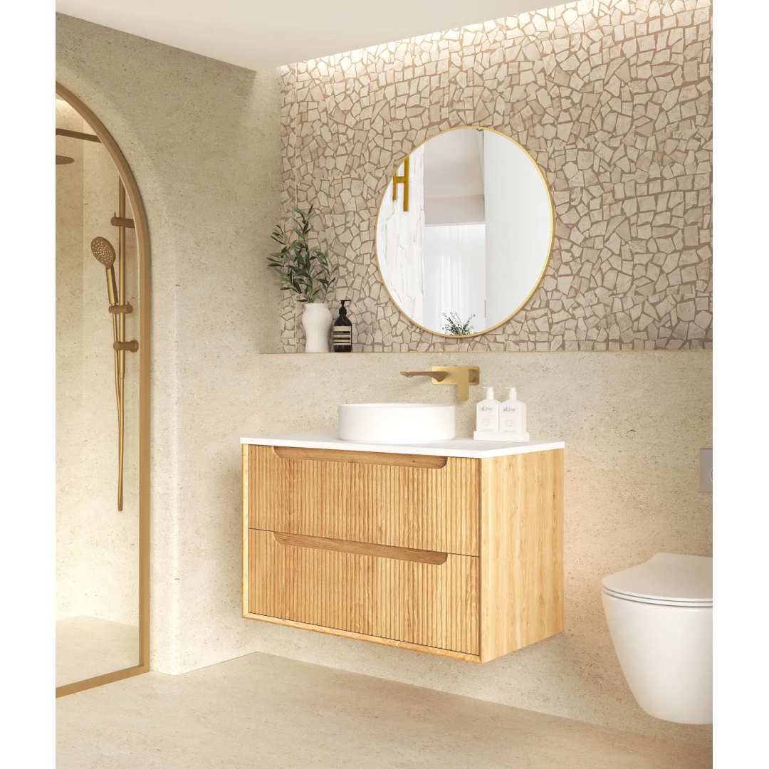 Otti Byron Fluted 900Mm Woodland Oak Wall Hung Vanity With Woodland Carrara Marble Top