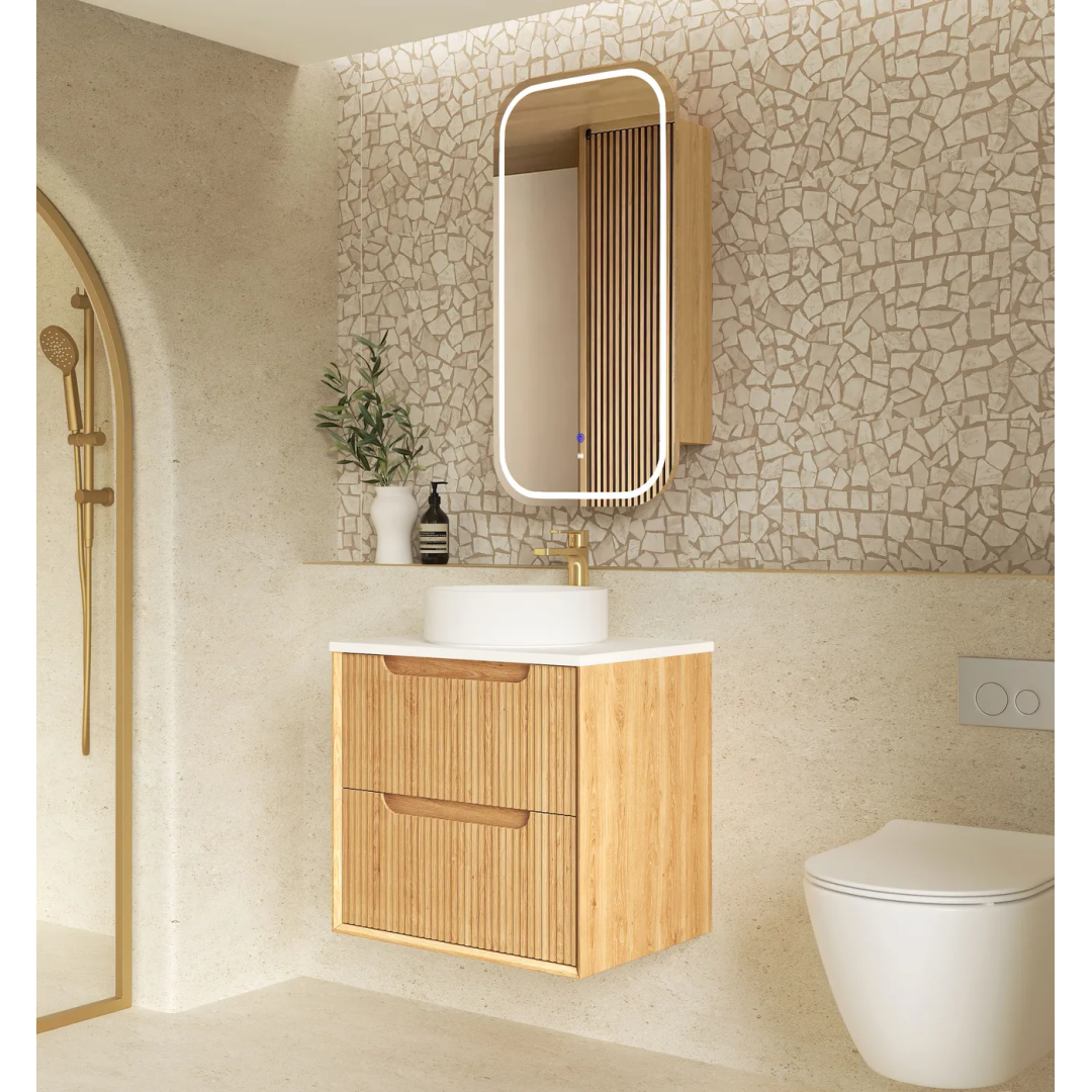 Otti Byron Fluted 600Mm Woodland Oak Wall Hung Vanity With Woodland Carrara Marble Top