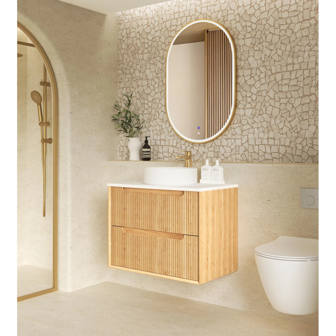 Otti Byron Fluted 750Mm Woodland Oak Wall Hung Vanity With Woodland Carrara Marble Top