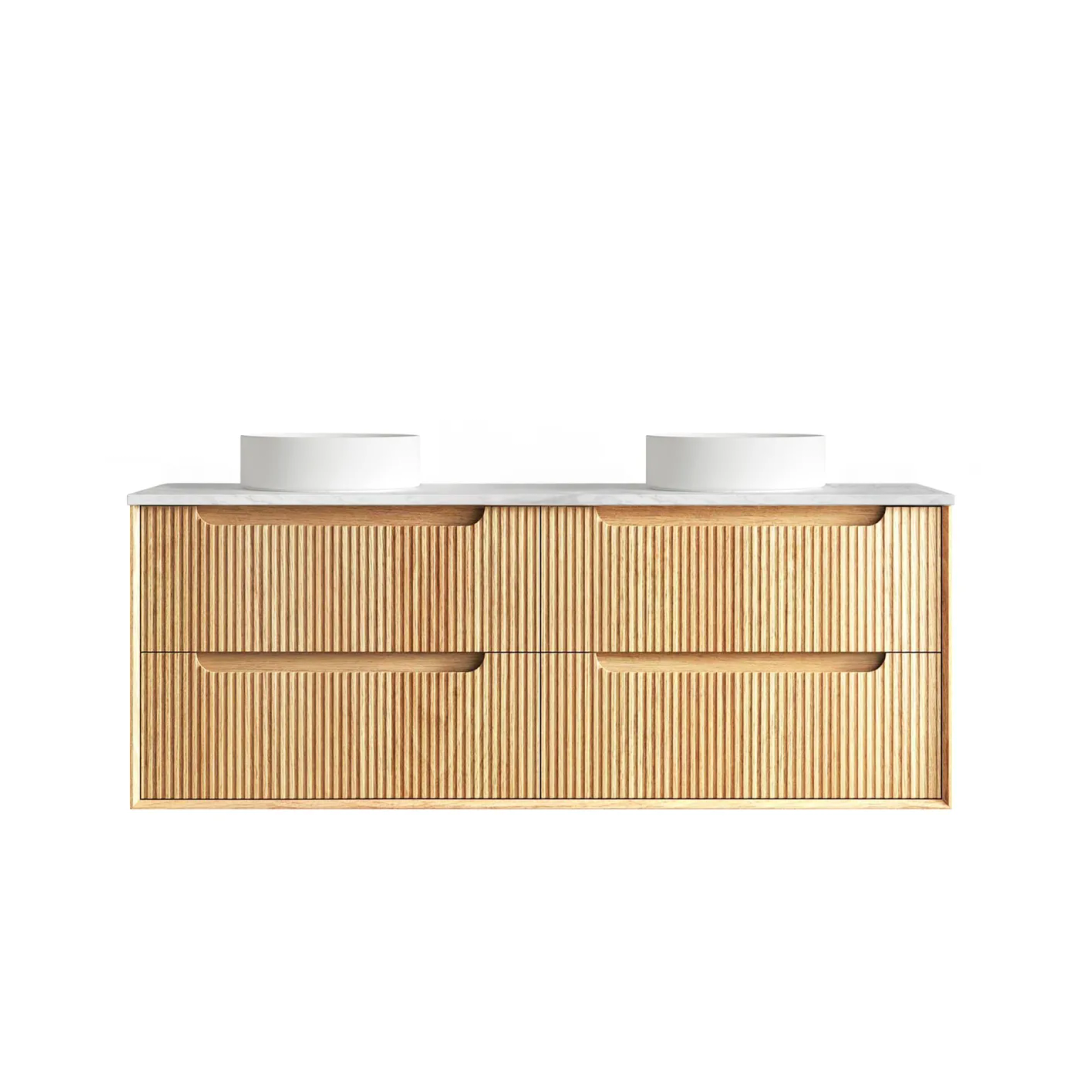 Otti Byron Fluted 1500 Woodland Oak Wall Hung Vanity With Cloudy Carrara Top