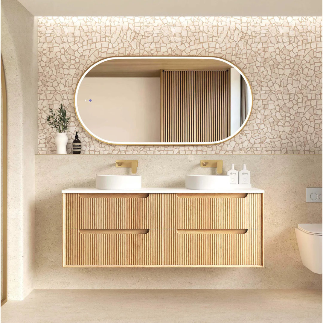 Otti Byron Fluted 1500 Woodland Oak Wall Hung Vanity With Matte White Top