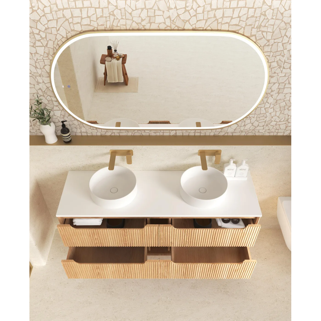 Otti Byron Fluted 1500 Woodland Oak Wall Hung Vanity With Pure White Top