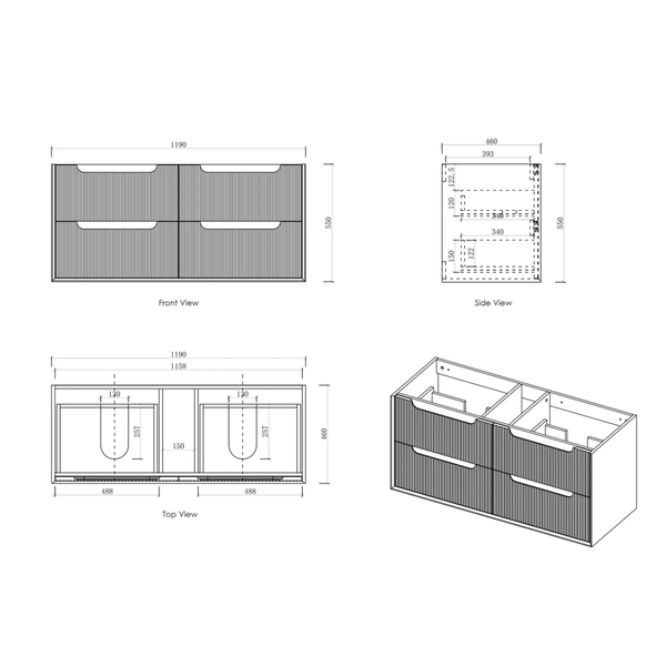 Otti Byron Fluted 1200 Woodland Oak Wall Hung Cabinet Only With 4 Drawers