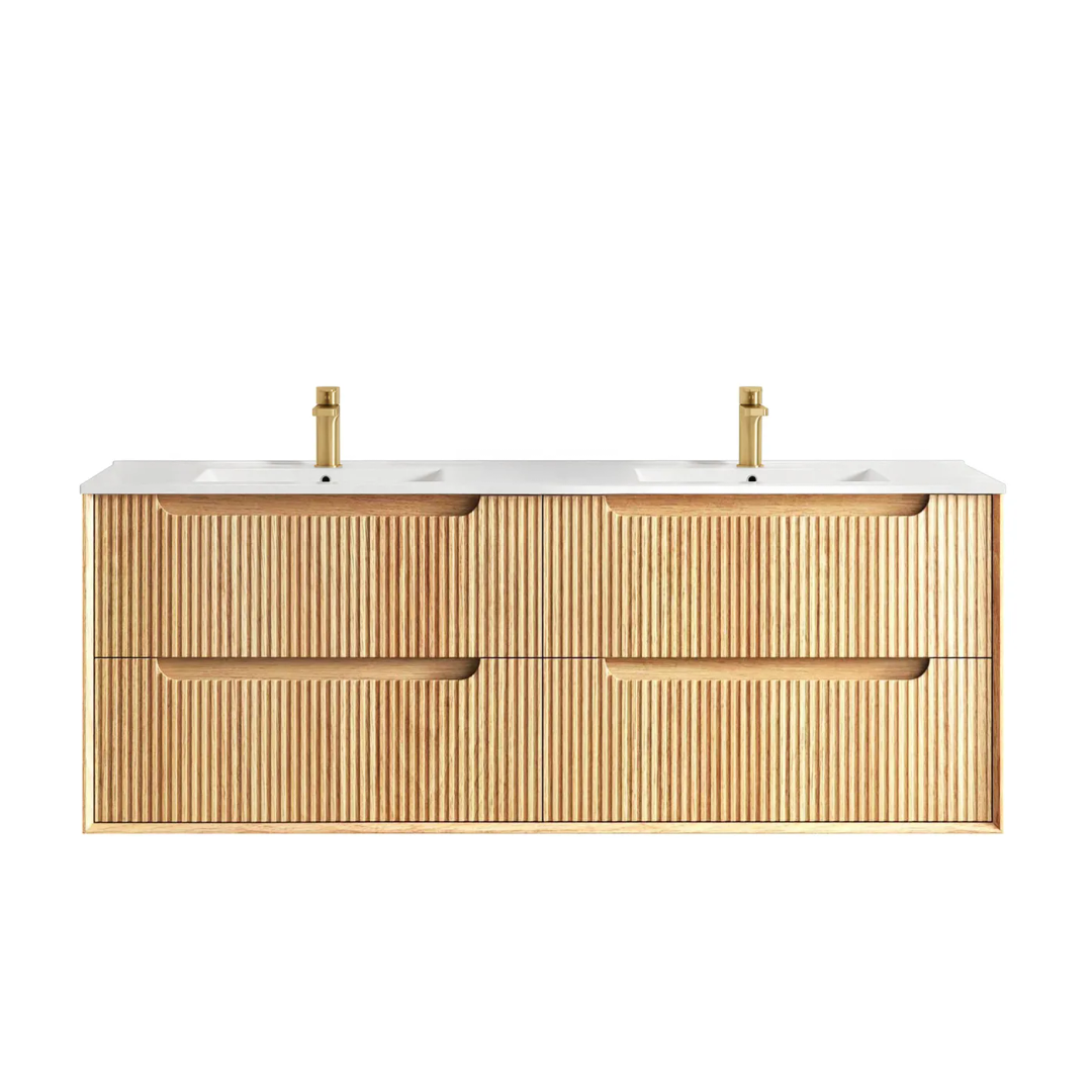 Otti Byron Fluted 1500 Woodland Oak Wall Hung Vanity With Ceramic Top