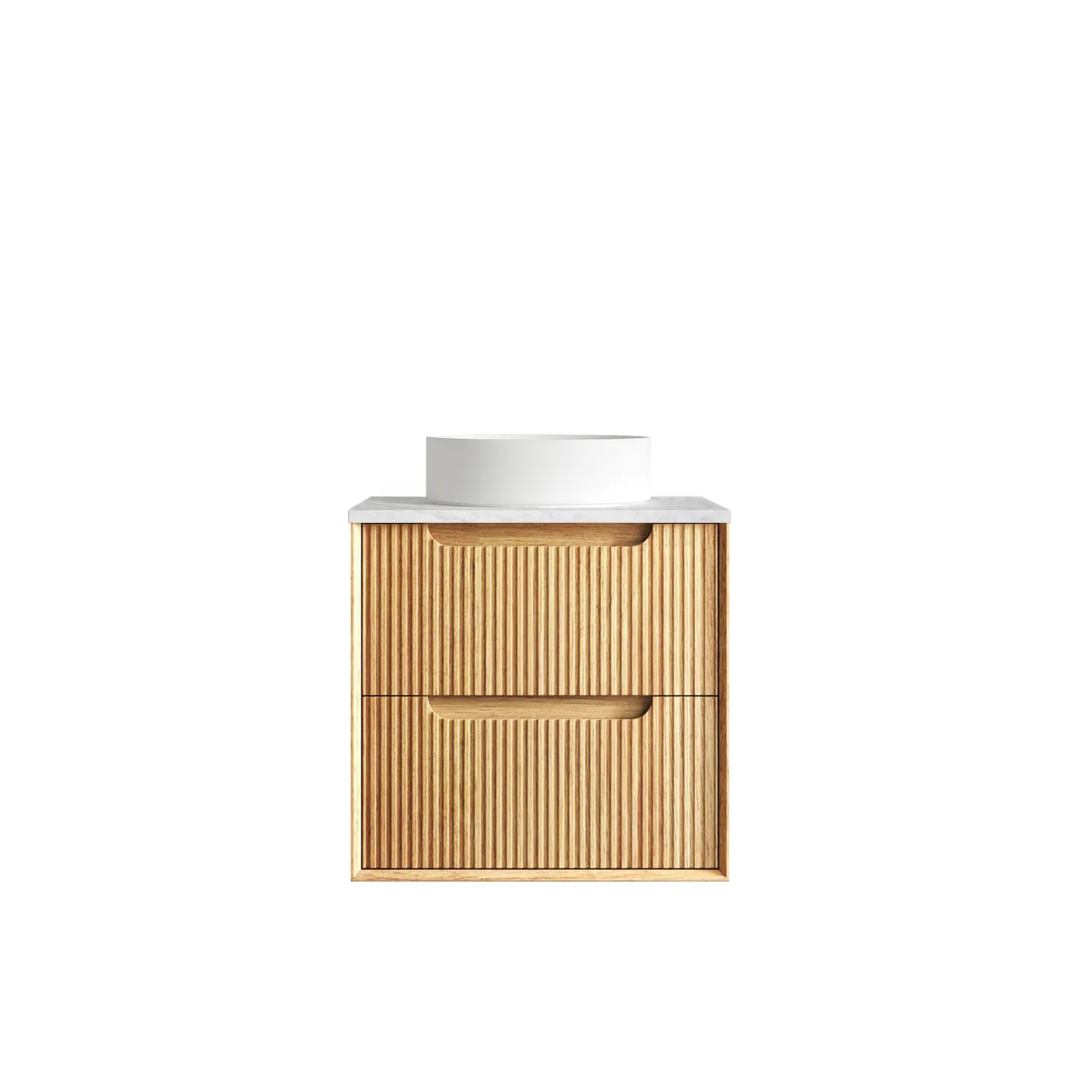 Otti Byron Fluted 600Mm Woodland Oak Wall Hung Vanity With Cloudy Carrara Top