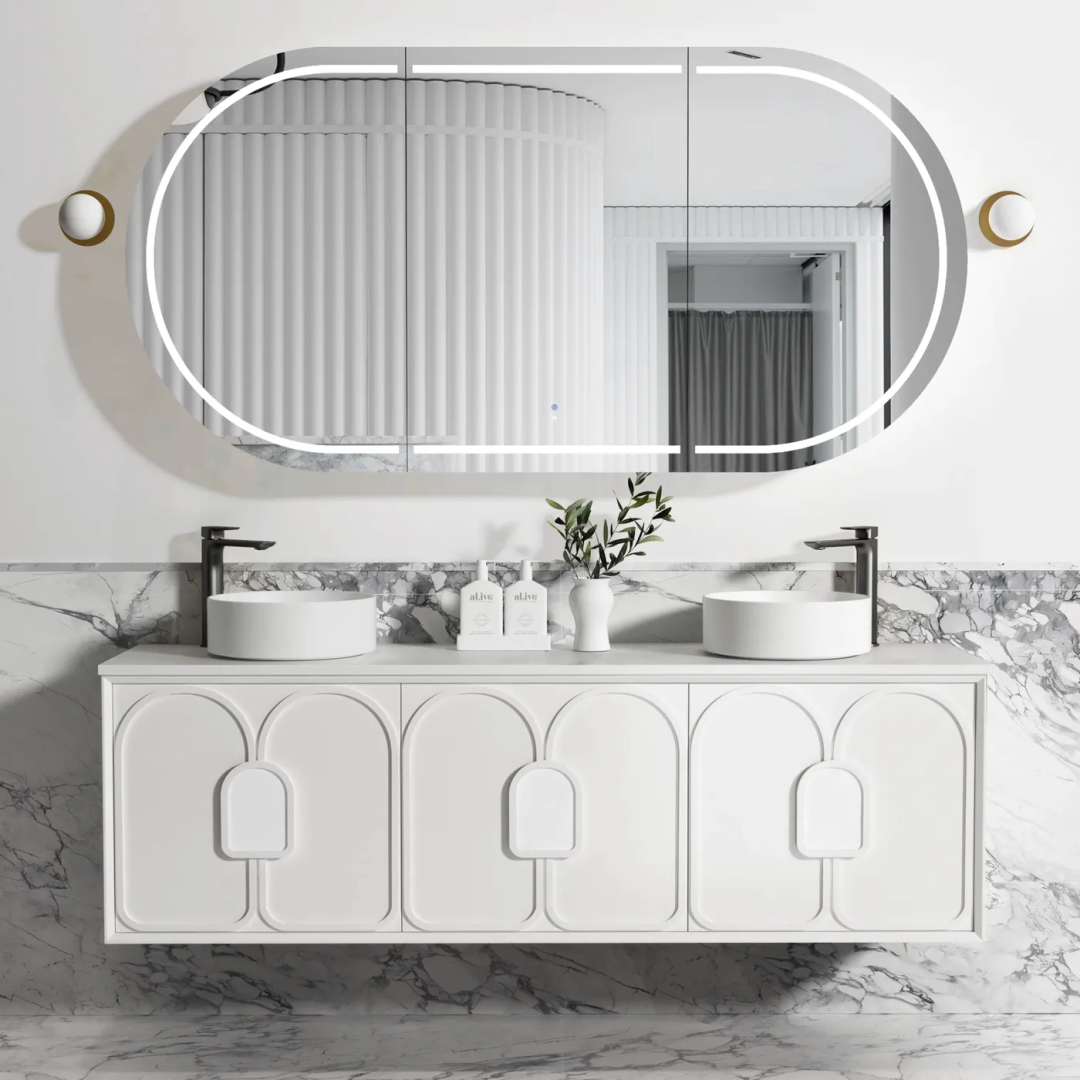 Otti Laguna Mk Ii 1800 Matte White Wall Hung Vanity With U/Mount Carrara Marble Top & Basin