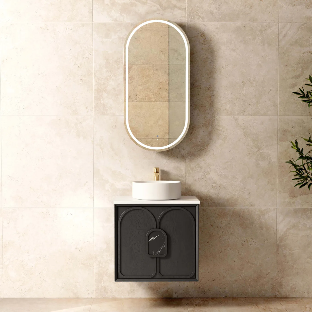 Otti Laguna Mk Ii 600 Black Oak Wall Hung Vanity With Cloudy Carrara Top