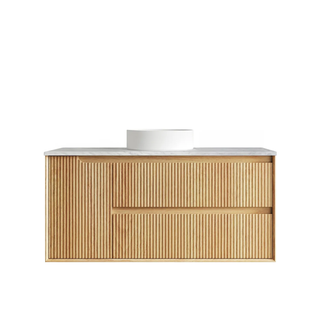 Otti Byron Fluted 1200 Woodland Oak Wall Hung Vanity With Natural Carrara Marble Top