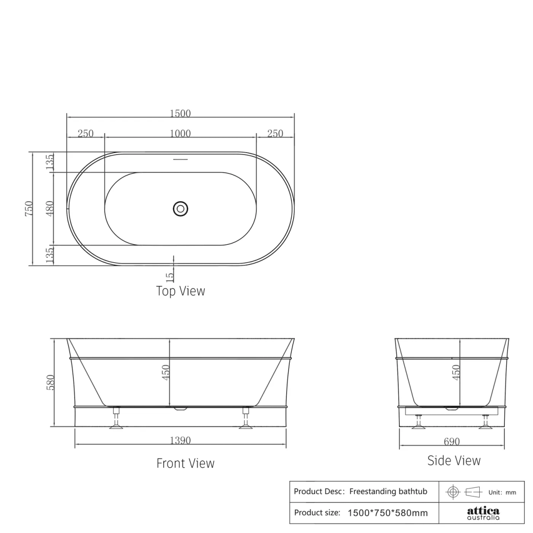 Otti Attica Bondi 1500X800X580 Matte White Freestanding Bath With Overflow.