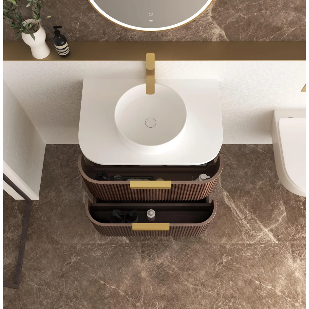 Otti Havana 750 Sable Walnut Fluted Wall Hung Curve Vanity With Cloudy Carrara Top