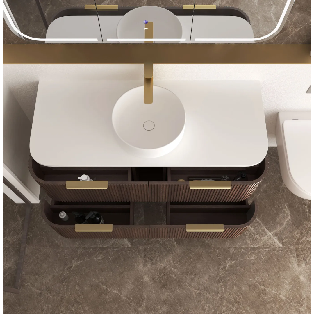 Otti Havana 1200 Sable Walnut Fluted Wall Hung Curve Vanity With Pure White Top