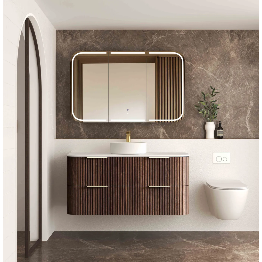 Otti Havana 1200 Sable Walnut Fluted Wall Hung Curve Vanity With Cloudy Carrara Top