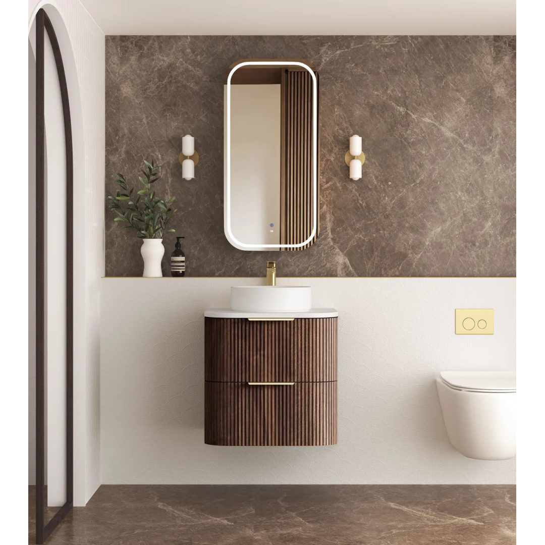 Otti Havana 600 Sable Walnut Fluted Wall Hung Curve Vanity With Cloudy Carrara Top