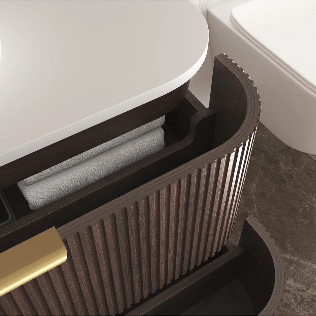 Otti Hanava 1500 Sable Walnut Fluted Fluted Wall Hung Curve Vanity With Chloe Silk Top